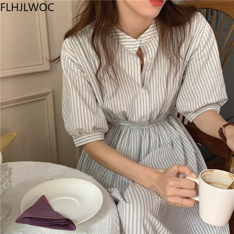 Robe longue à boutons et rayures pour femmes, tenue Chic, mode coréenne, Style japonais, coréen, simple boutonnage, boutons, longue chemise