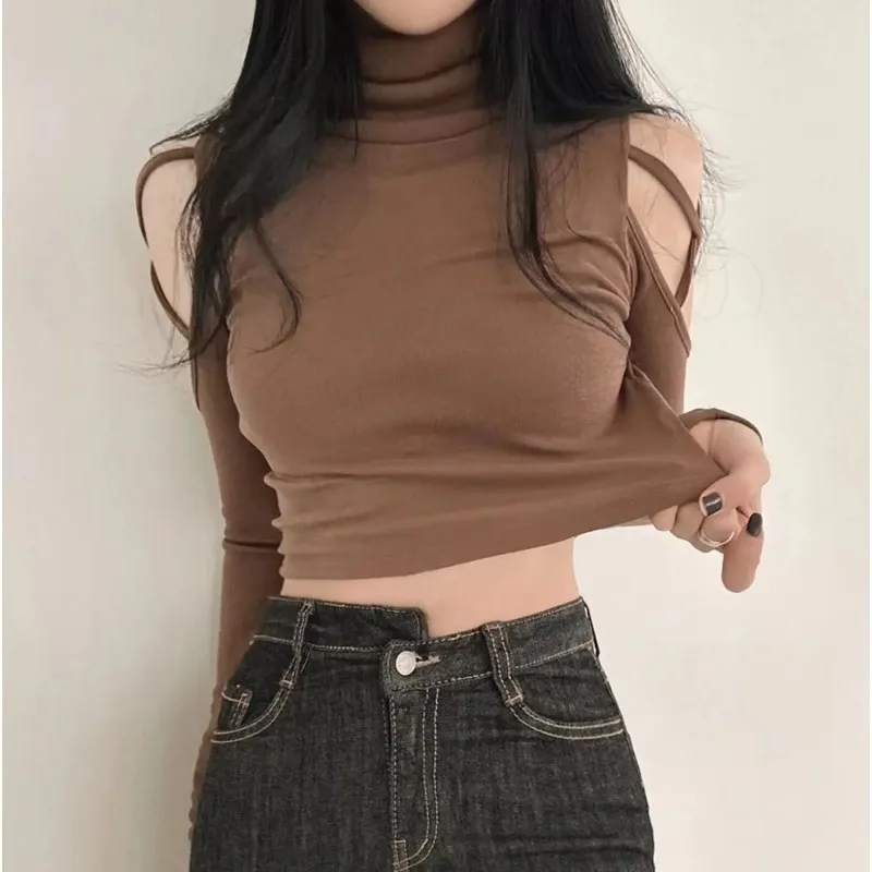 Hauts femme mince épaules dénudées Sexy culture marron à manches longues t-shirt pour femmes col roulé vêtements femme Harajuku mode coréenne