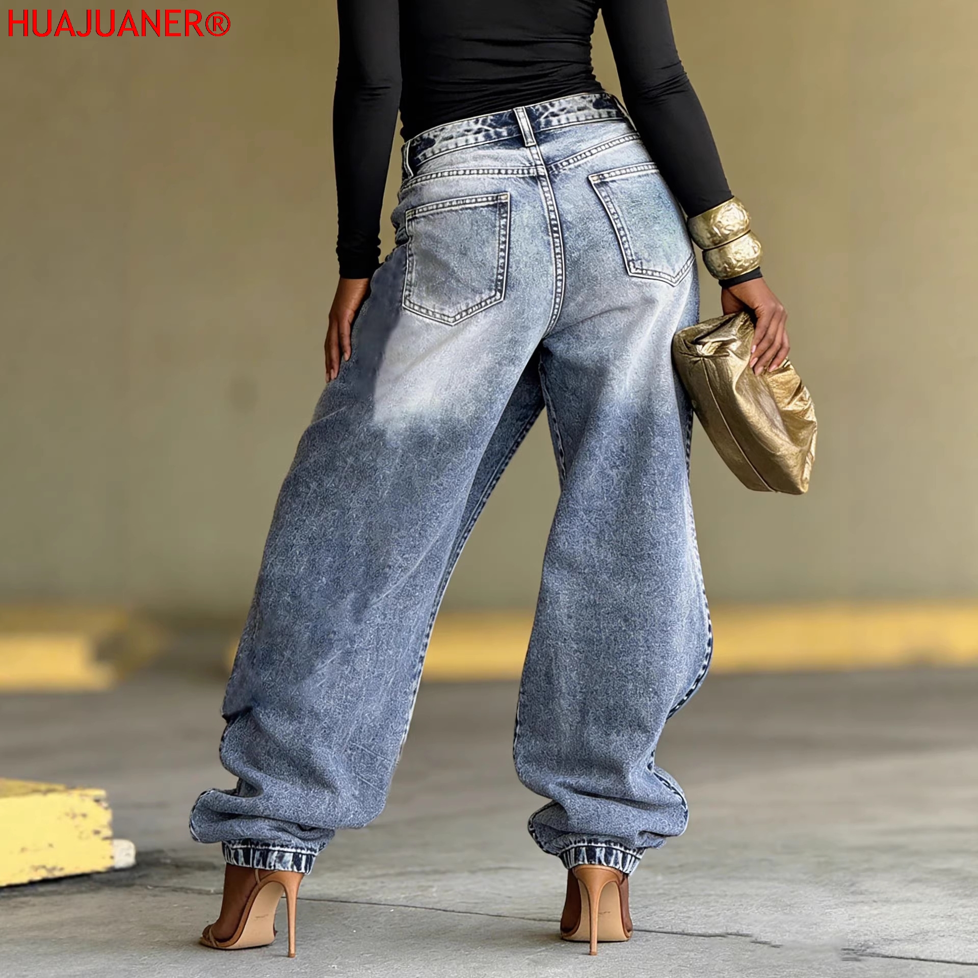 Jeans Femme Vintage Coupe Large Denim Délavé Streetwear Patchwork Patches Pantalon Droit Effet Usé Longueur Ras du Sol 2026