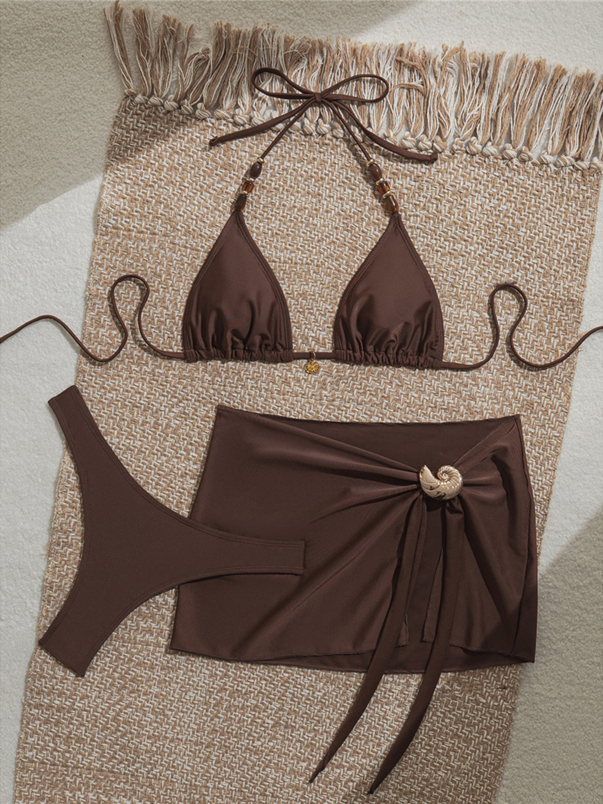 Maillot de bain femme avec jupe, bikini halter, maillot de bain brésilien rembourré, ensemble de bikini trois pièces.