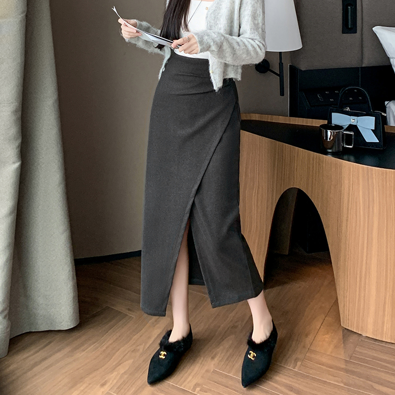 Mode coréenne hiver laine jupe Midi femmes Sexy côté fente croisé moulante jupes crayon élégant taille haute Wrap Faldas Largas