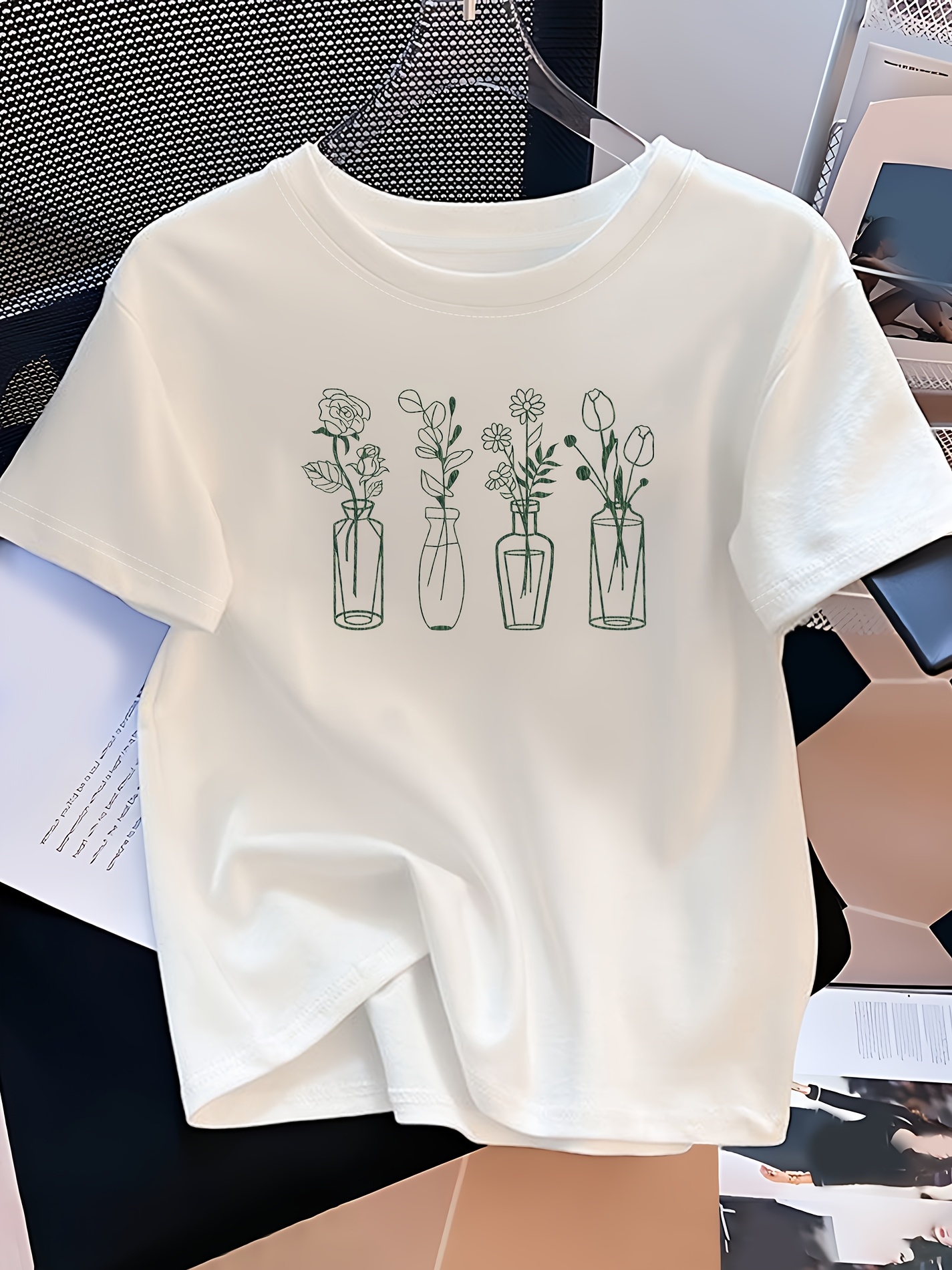 T-shirt col rond pour femmes, Style décontracté et élégant, imprimé Floral, à la mode, pour les déplacements quotidiens, les vacances, printemps et été