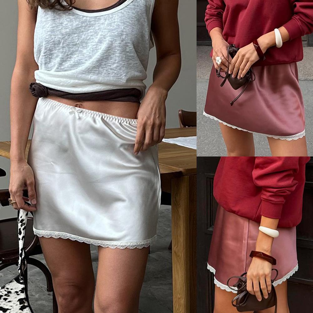 Jupe taille haute Sexy Satin taille élastique jupe femmes Mini jupes dentelle jupe inférieure Style de rue Chic été mince femmes vêtements