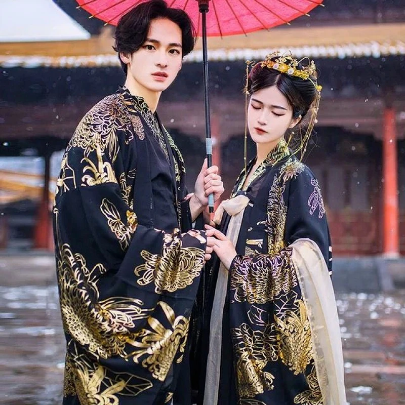 Robe traditionnelle chinoise de prairie pour hommes et femmes, ensembles Hanfu noirs, vêtements jumelés pour couple, costume de cosplay d'Halloween, danse financière