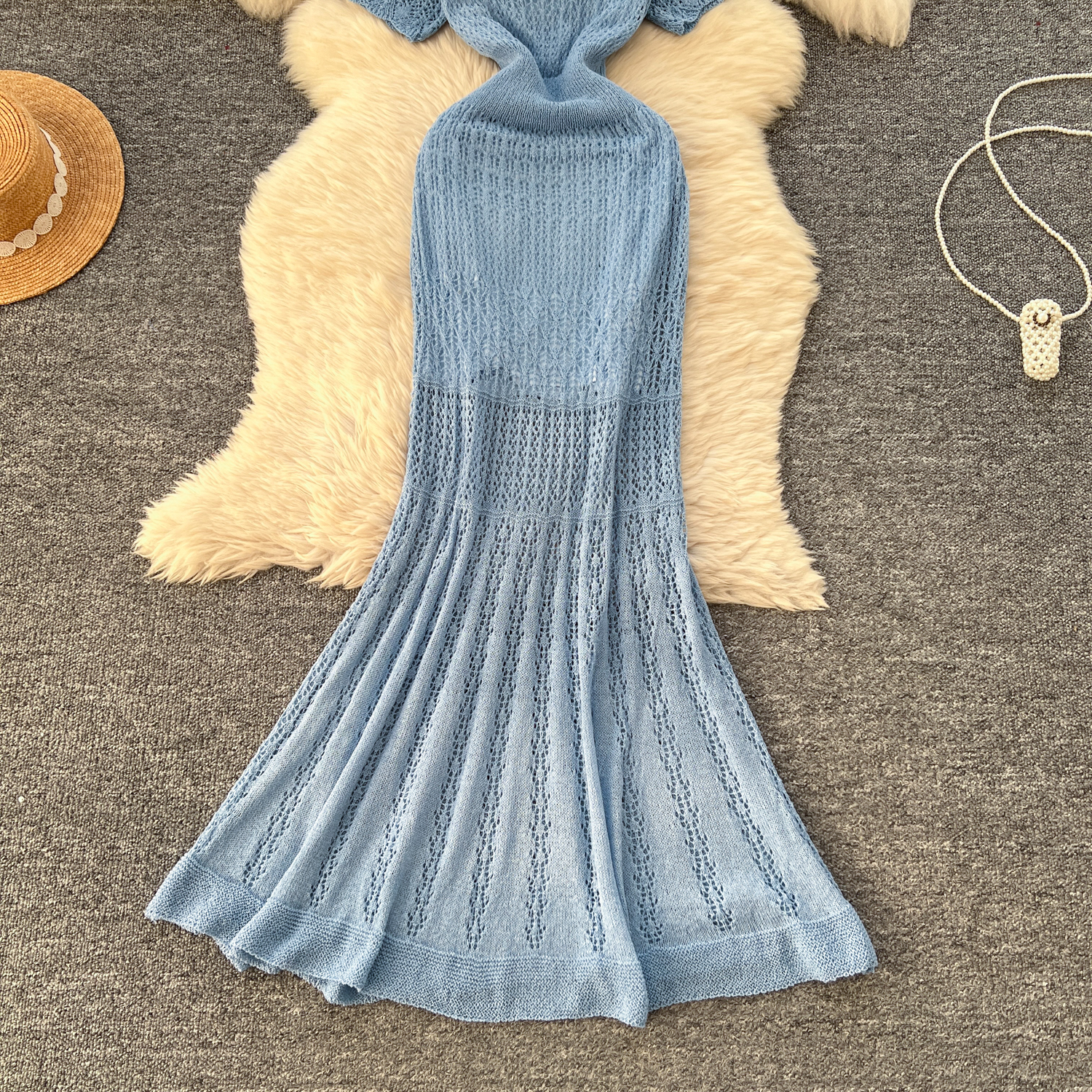 Robe tricotée creuse pour femmes, tenue d'été à manches courtes, queue de poisson, moulante, avec Camisole, Vintage, longue Robe de soirée