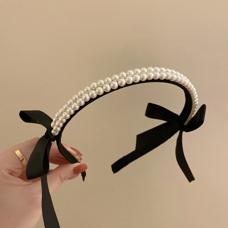 Nouveau serre-tête vintage en perles françaises avec nœud pour femmes et filles, bandeau coréen élégant noir classique, accessoires pour cheveux