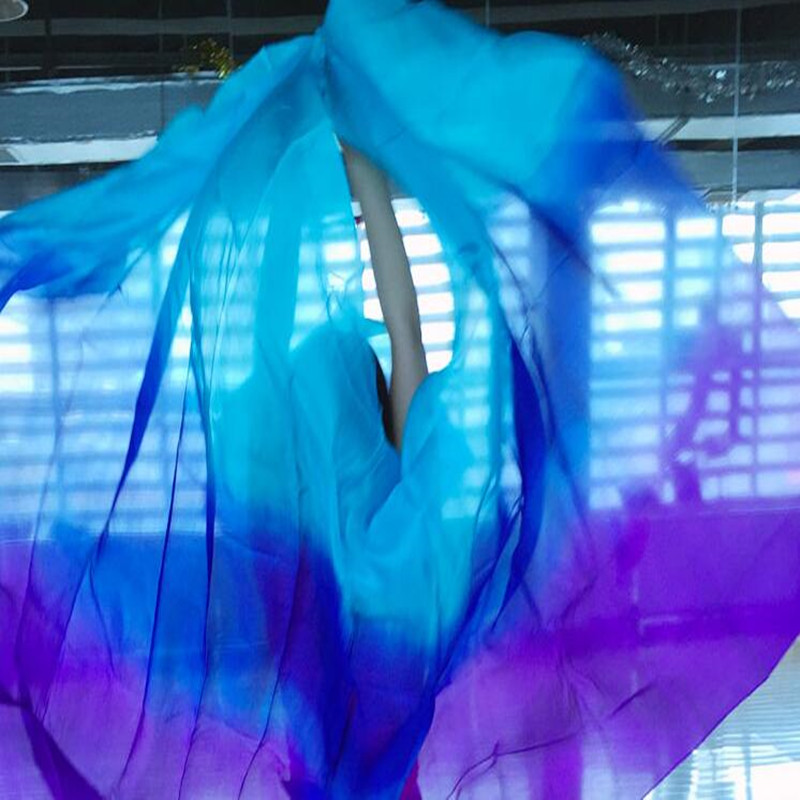 Voile de danse du ventre en soie Pure 100%, écharpe, châle, dégradé de couleur blanc-bleu, 250x114cm, pour femmes, accessoires de spectacle sur scène
