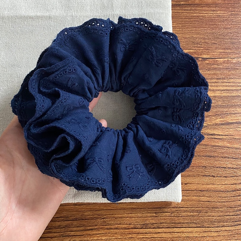 Chouchou en coton à quatre couches avec nœud brodé bleu marine, style Ballet, attache de cheveux littéraire et élégante pour coiffures de chignon, 1 pièce