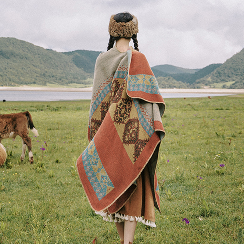 Couverture écharpe automne hiver épais enveloppement Poncho femmes Style ethnique voyage châle Imitation cachemire Capes National fourchette à vent