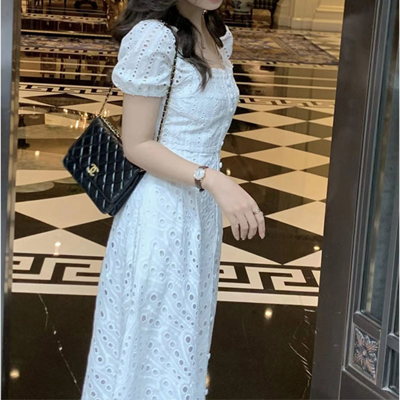 Robe mi-longue blanche évidée pour femme, robe à manches courtes, mode éducative, élégante, coréenne, chic, française, sexy, Kawaii, été