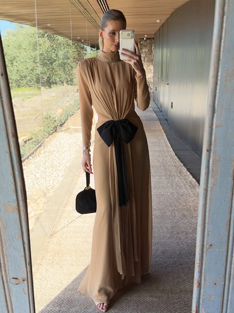 Nouvelle Robe Longue Chic Femme à Col Roulé, Découpes et Nœud, Manches Longues, Dos Nu, Plissée, Coupe Ajustée, pour Soirée et Cérémonie