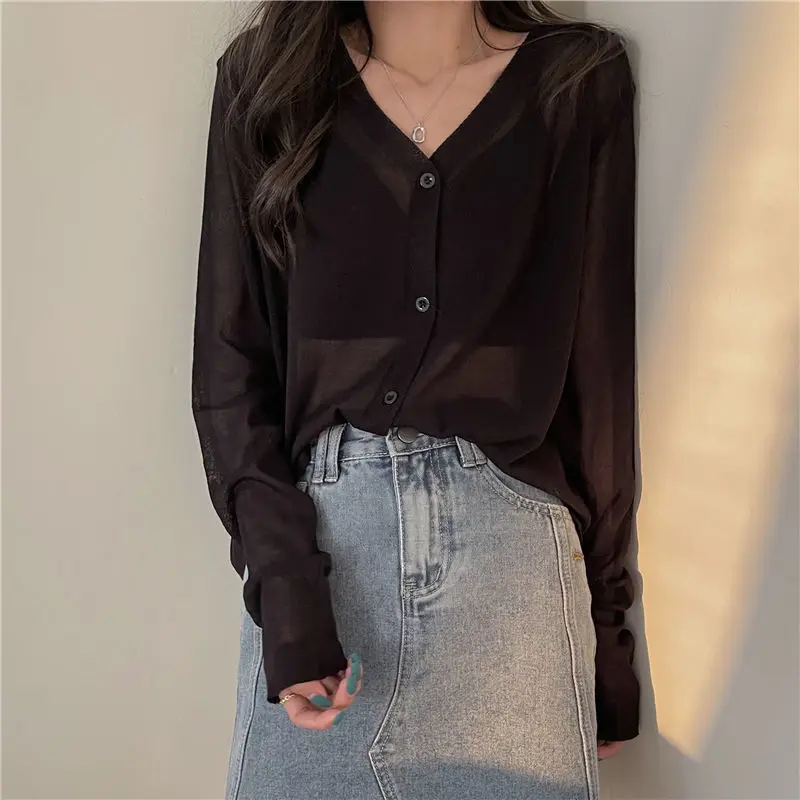 Ice InjThin-Cardigan boutonné à col en V monochrome pour femmes, manches longues, coupe couvertes, style coréen simple, tricot confortable, vêtements d'été