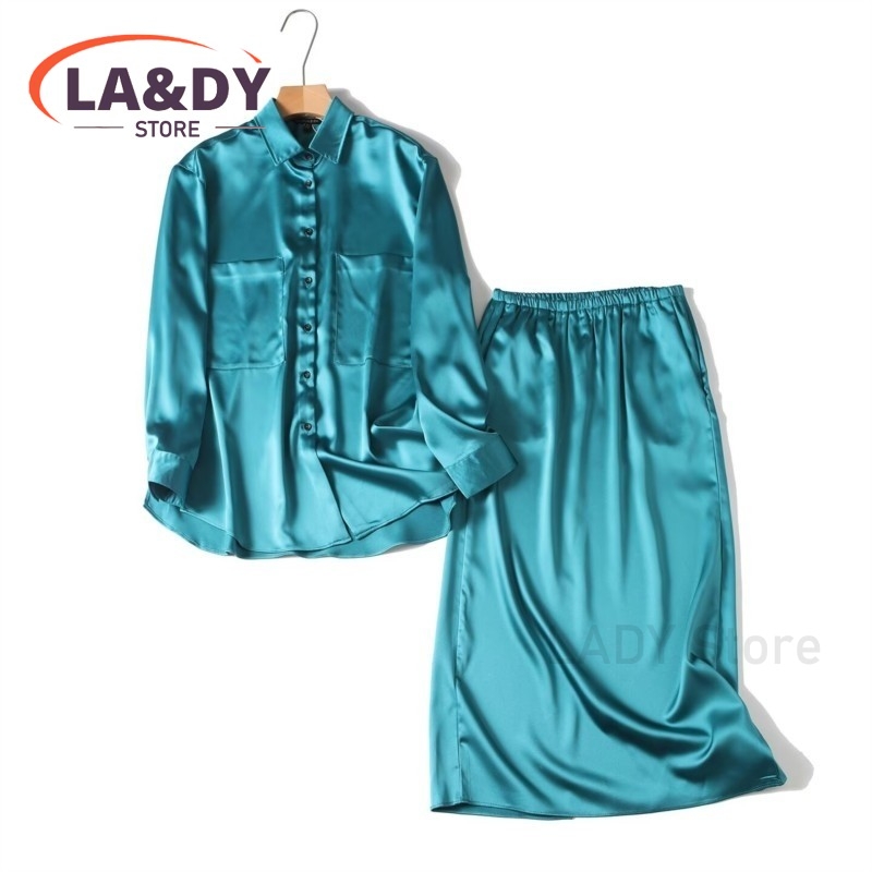Ensemble chemise boutonnée élégante en satin et jupe midi pour femme, tenue deux pièces à manches longues pour le bureau ou les soirées