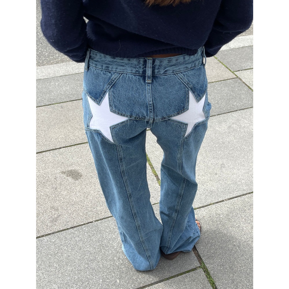 Jeans pour femmes 2025, imprimé étoiles, pantalon droit, taille haute, délavé, poches, longueur au sol, streetwear, denim