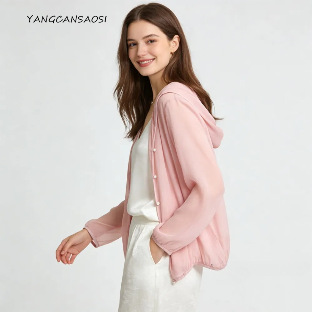 Haut Georgette en soie de mûrier 100% naturelle, sweat à capuche décontracté de couleur unie pour femmes, vêtements de Protection solaire fins et polyvalents pour l'été 2026