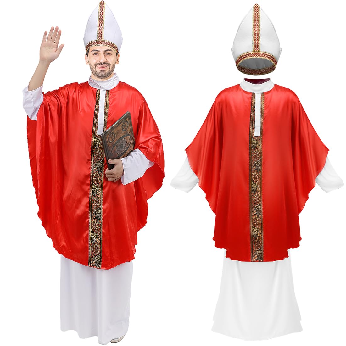 Costume de papa adulte, Robe de prêtre bénlique catholique, Poncho en papal rouge, chapeau, tenue de Cosplay d'halloween pour hommes