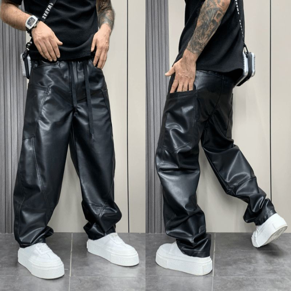 Pantalon en cuir PU multi-poches pour hommes, Streetwear, Hip-Hop américain, All-Match, Document solide, Simple, Pantalon décontracté, Vêtements pour hommes