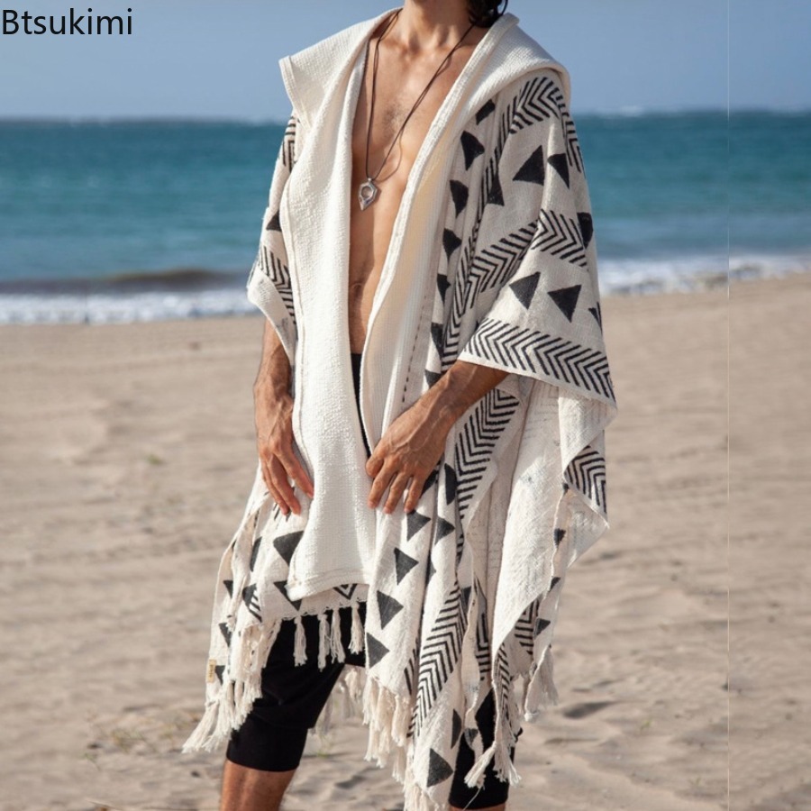 Vêtements de plage à capuche pour hommes, protection solaire, mode décontractée, cape à franges imprimée, Style de vacances, haut polyvalent, vêtements de Style ethnique, nouvelle collection