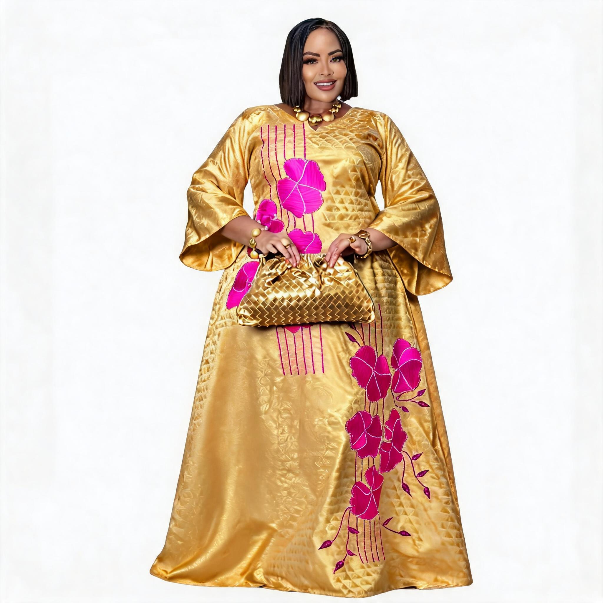 Robe Boubou Africaine Brodé pour Femme, Manches Chauve-Souris, Robe Longue en Satin pour Fête et Église, Col en Dentelle