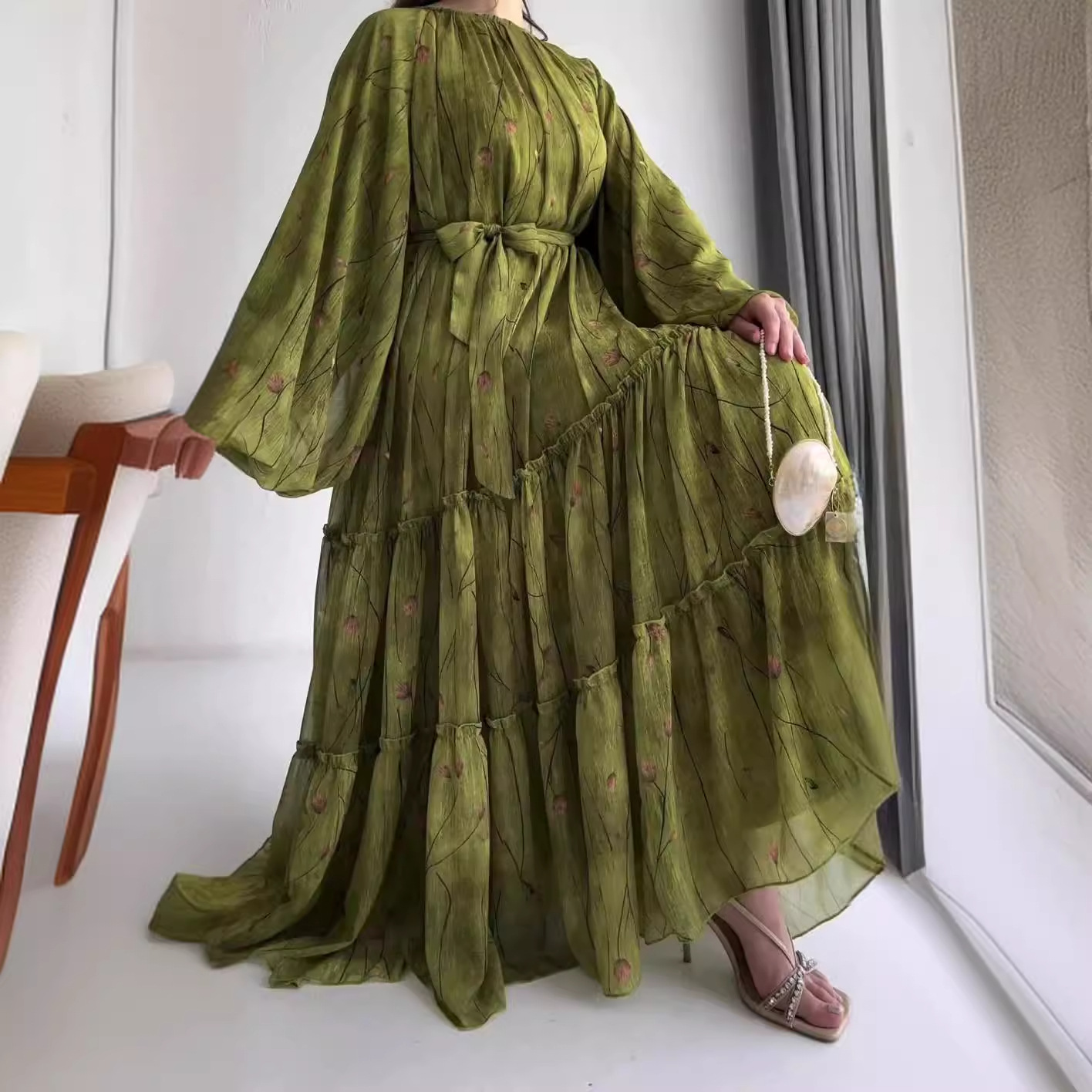 Robe longue à manches longues bouffantes pour femmes, robe trapèze décontractée, col rond, maxi à lacets, taille serrée, imprimé floral, épissure élégante, robe éducative