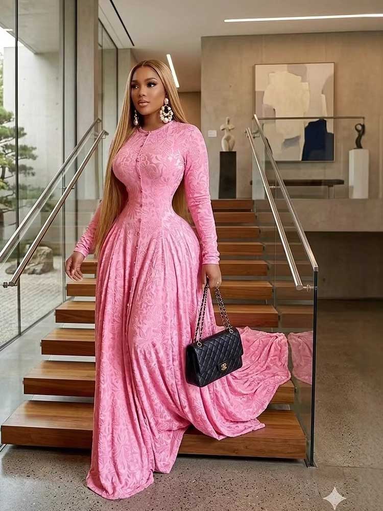 Robe de soirée élégante et luxueuse rose pour femmes, robe moulante à taille haute, manches longues, robe de soirée maxi, vente en gros, dropshipping