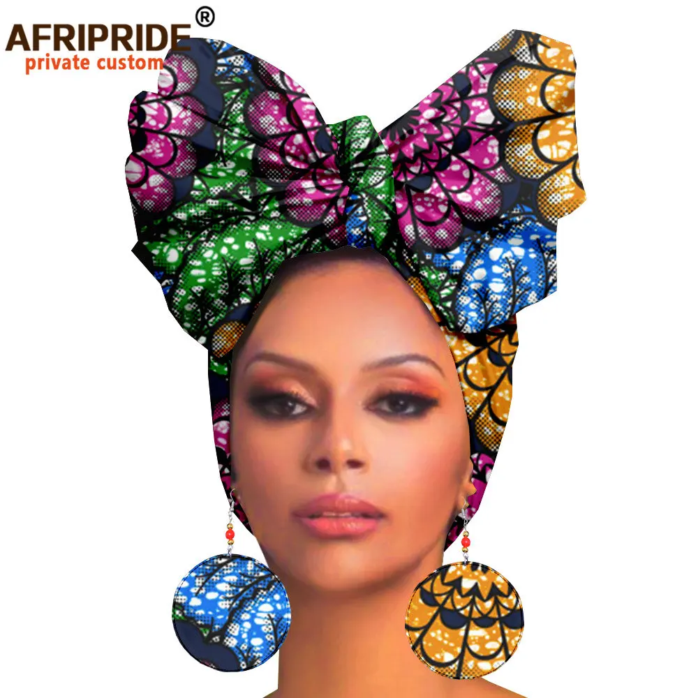 Couvre-chef et boucles d'oreilles africaines pour femmes, foulard de tête africain Ankara, foulard traditionnel, Turban imprimé cire AFRIPRIDE A19H008