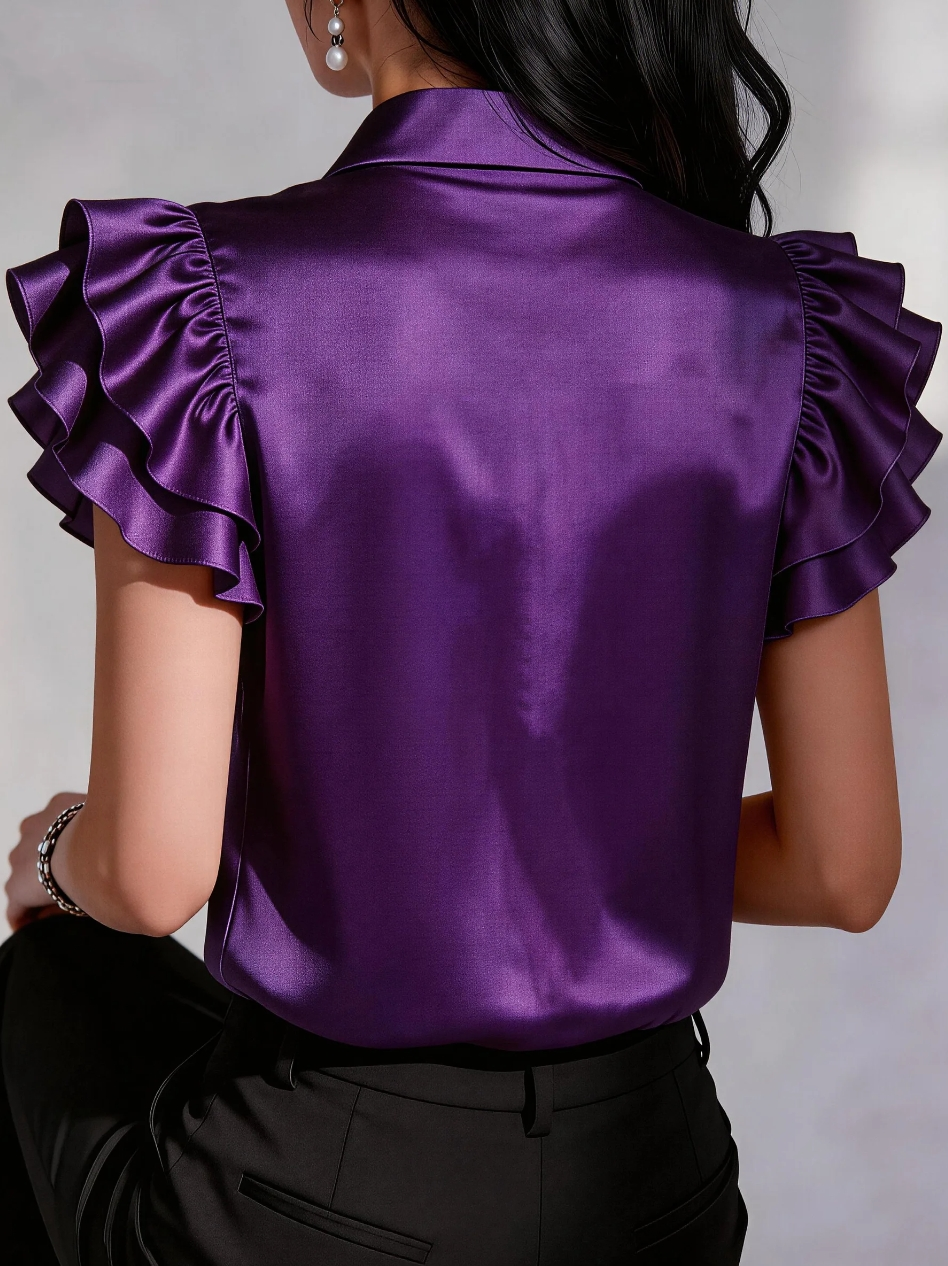 Chemisier en satin à volants et manches courtes pour femme, col chemise, boutonné