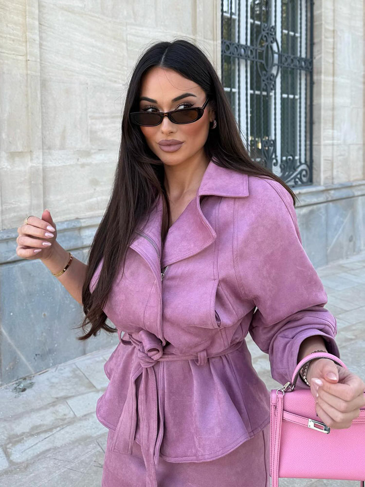 HH 2026 Nouvelle Collection Femme : Ensemble Élégant Veste Courte Unie à Fermeture Éclair Asymétrique et Ceinture Décorative + Jupe Mi-Longue Décontractée à Fente Latérale
