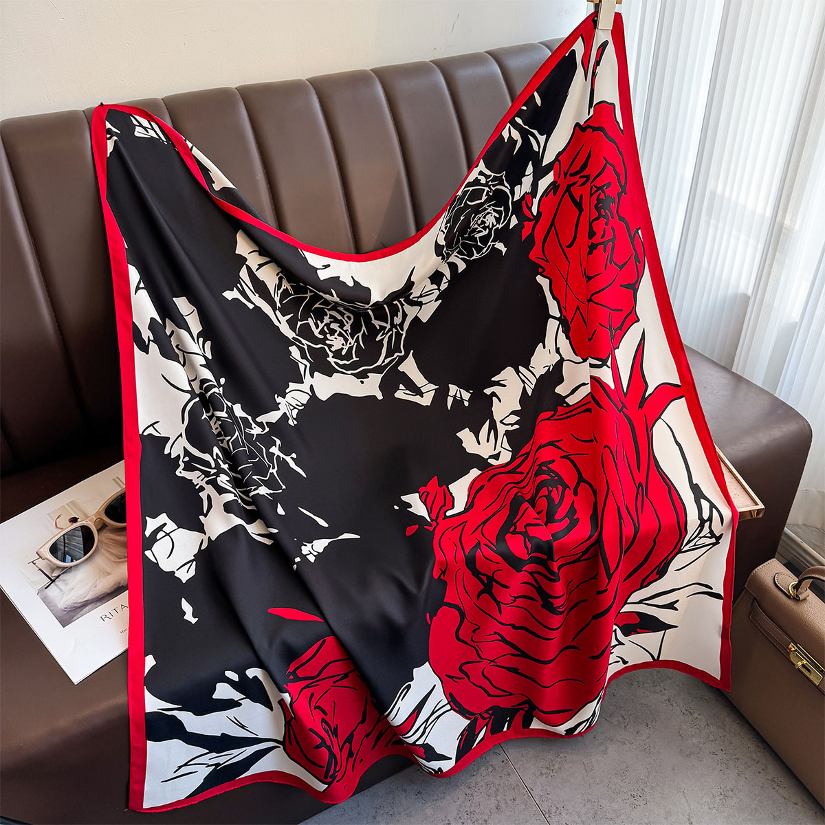 Foulard hijab imprimé roses 90x90cm pour femme, en satin de soie, bandeau, foulard pour cheveux, châle carré, bandana pour femme
