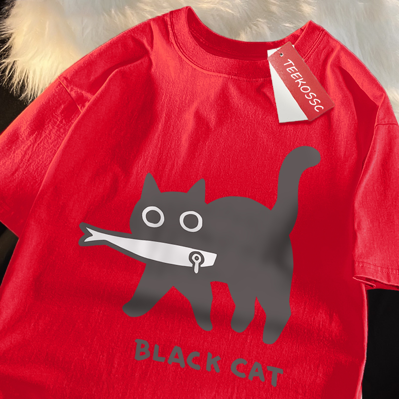 Amusant un chat noir mangeant du poisson Style japonais hommes femmes T-Shirt mode impression T-Shirt respirant surdimensionné T-Shirts vêtements en coton