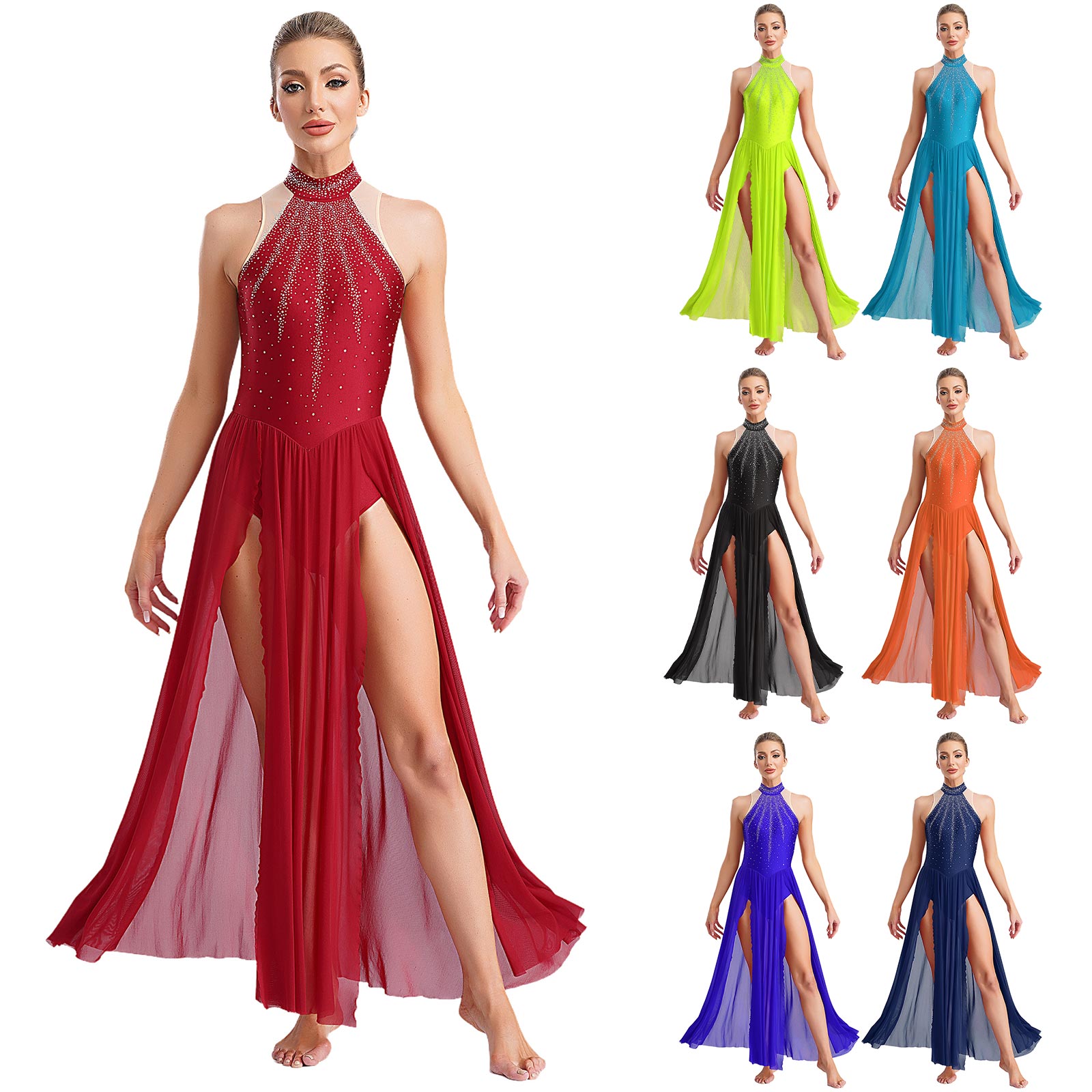Robe de danse lyrique pour femmes, diamants brillants, col licou, justaucorps de Ballet fendu, jupes Maxi, Costume de salle de bal moderne et contemporain