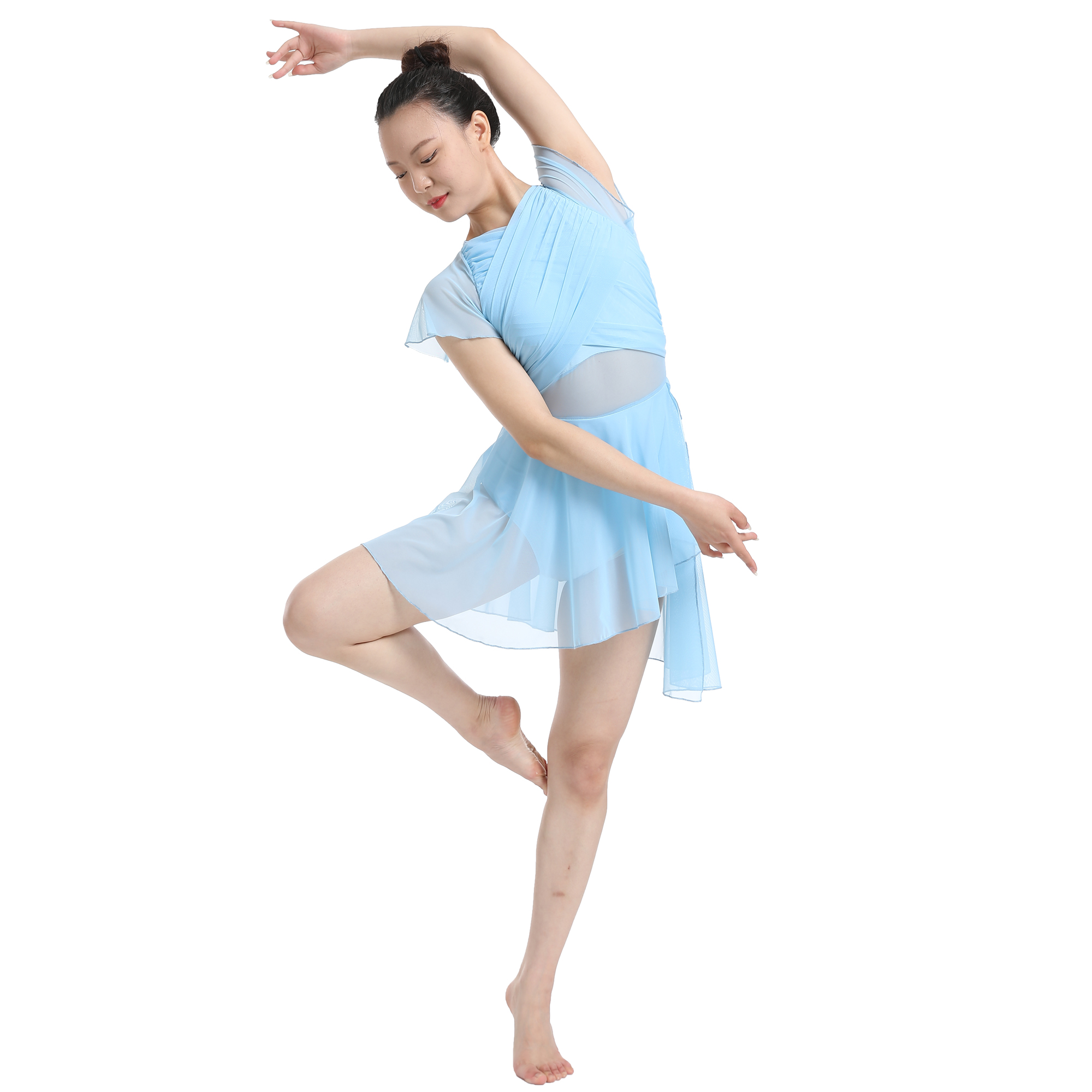 Robe de danse moderne lyrique pour femmes, jupe en maille à manches flottantes, Costume de danse contemporaine, dos creux goutte d'eau