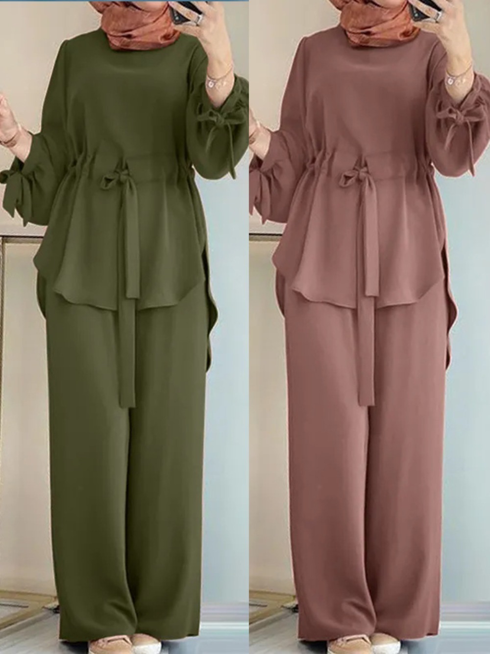 Eid – tenues musulmanes pour femmes, chemise avec ceintures, pantalon à jambes larges, costume Ramadan marocain dubaï Islam, Ensemble 2 pièces arabe Jalabiya, Ensemble modeste
