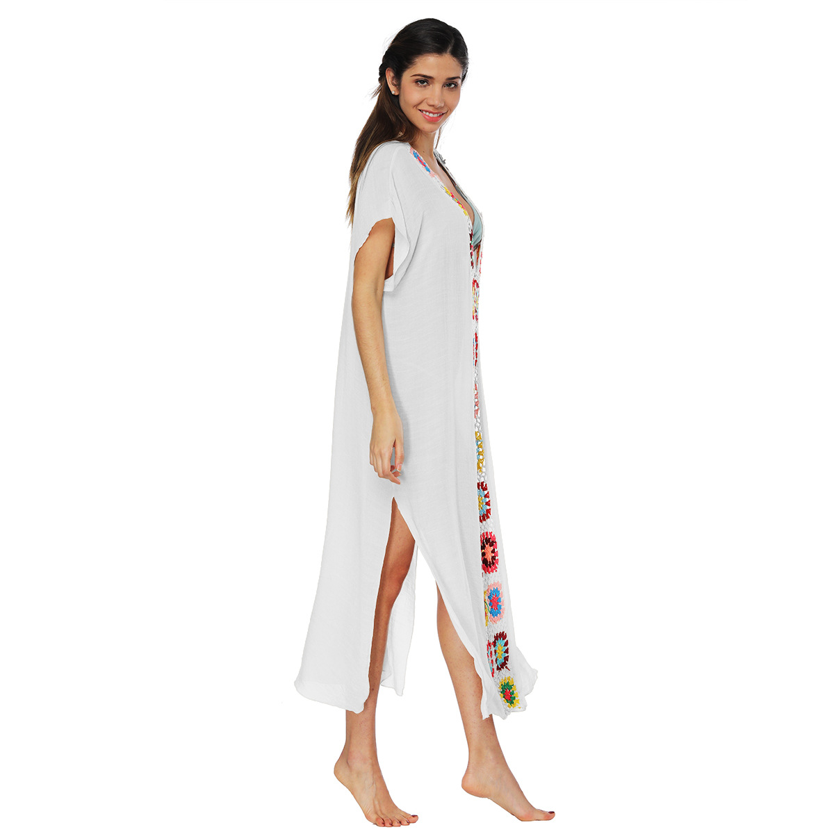 Robes pour femmes 2025 – Robe longue sexy à fente, patchwork crocheté à la main, imprimé floral, chemise de plage, vêtements pour femmes, Vestidos