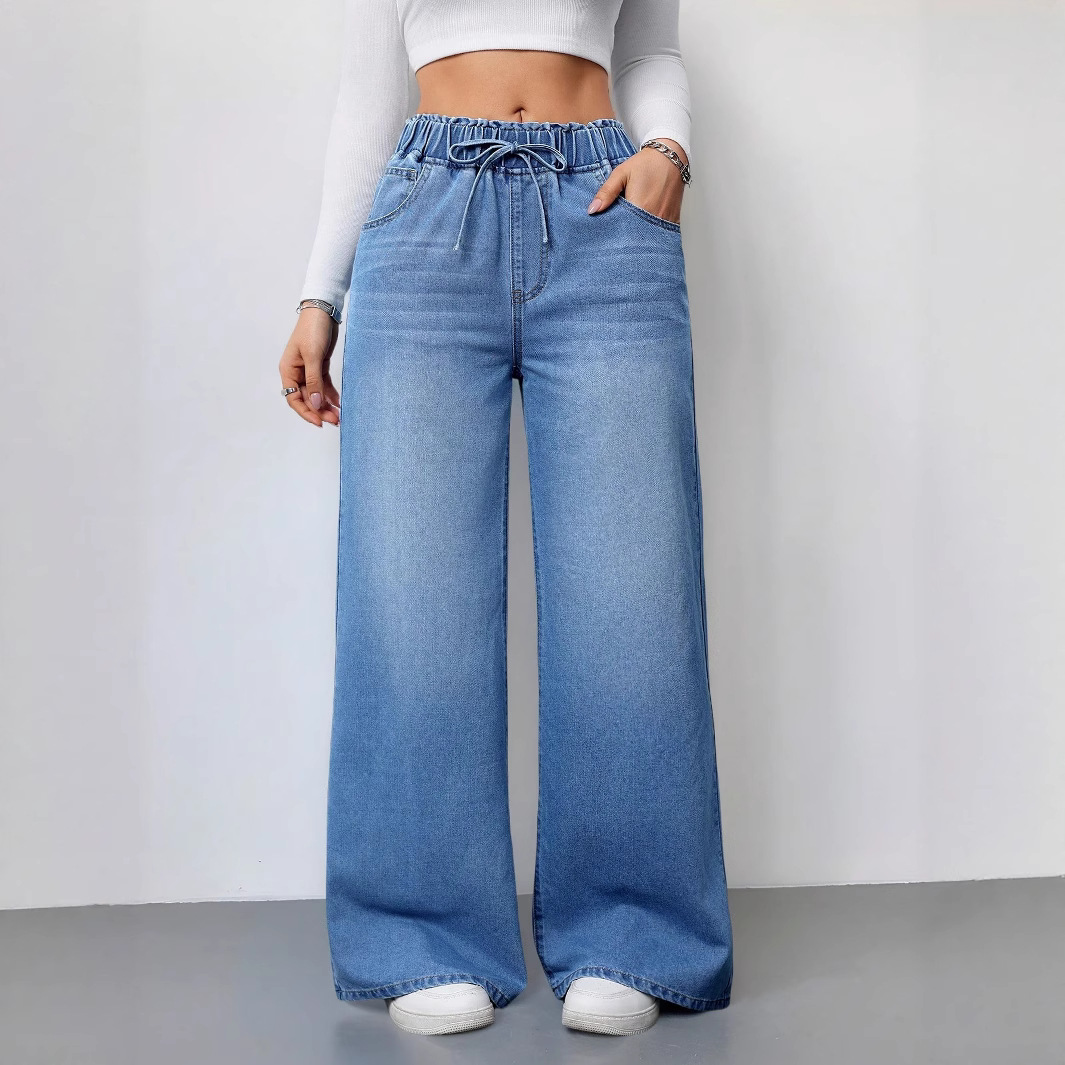 Jean pour femme en denim, pantalon long taille haute coupe droite, style Y2K streetwear vintage, élégant, avec empiècements, décontracté et ample