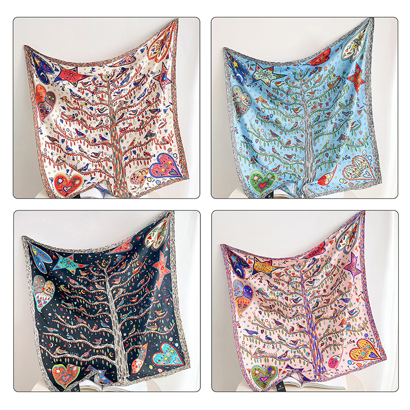 Grand Foulard Carré en Sergé de 90x90cm pour Femme, Écharpe Éblouissante à Imprimé d'Arbre, Accessoire pour la Tête