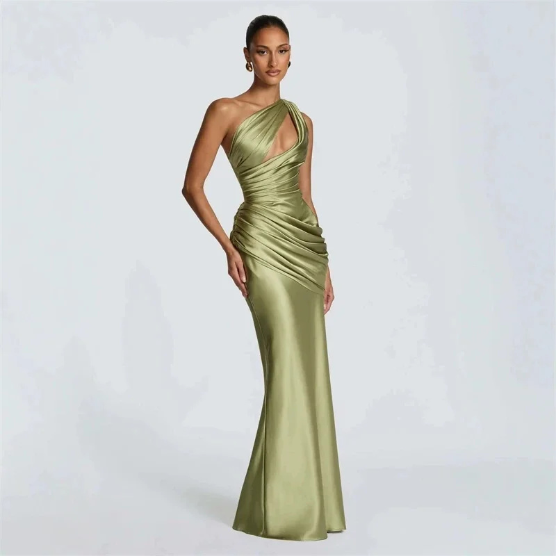 Robe de soirée sirène asymétrique en satin à une épaule, découpée, plissée à la taille, drapée, pour femme, idéale pour invitée de mariage, bal de promo, chic