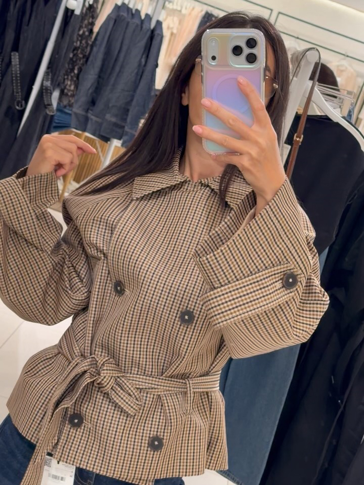 Manteau trench court à carreaux à manches longues pour femme, veste courte à carreaux ample avec revers, double boutonnage et ceinture à la taille, manteaux d'automne pour femme