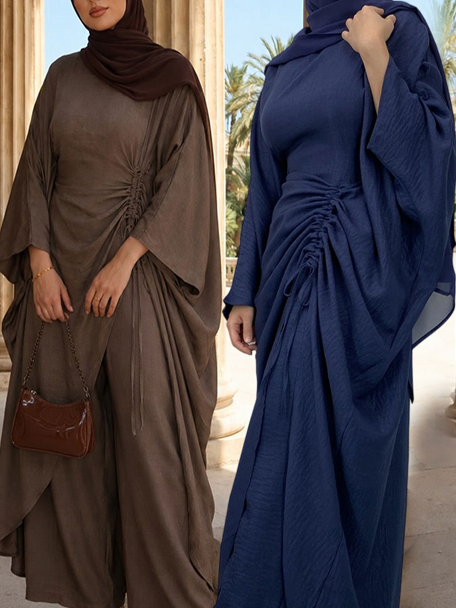 Ensemble Abaya Modeste 2 Pièces, Robe Kaftan Longue Fendue à Volants et Pantalon à Jambes Larges, Tissu Plissé, Tenue pour Femmes Musulmanes