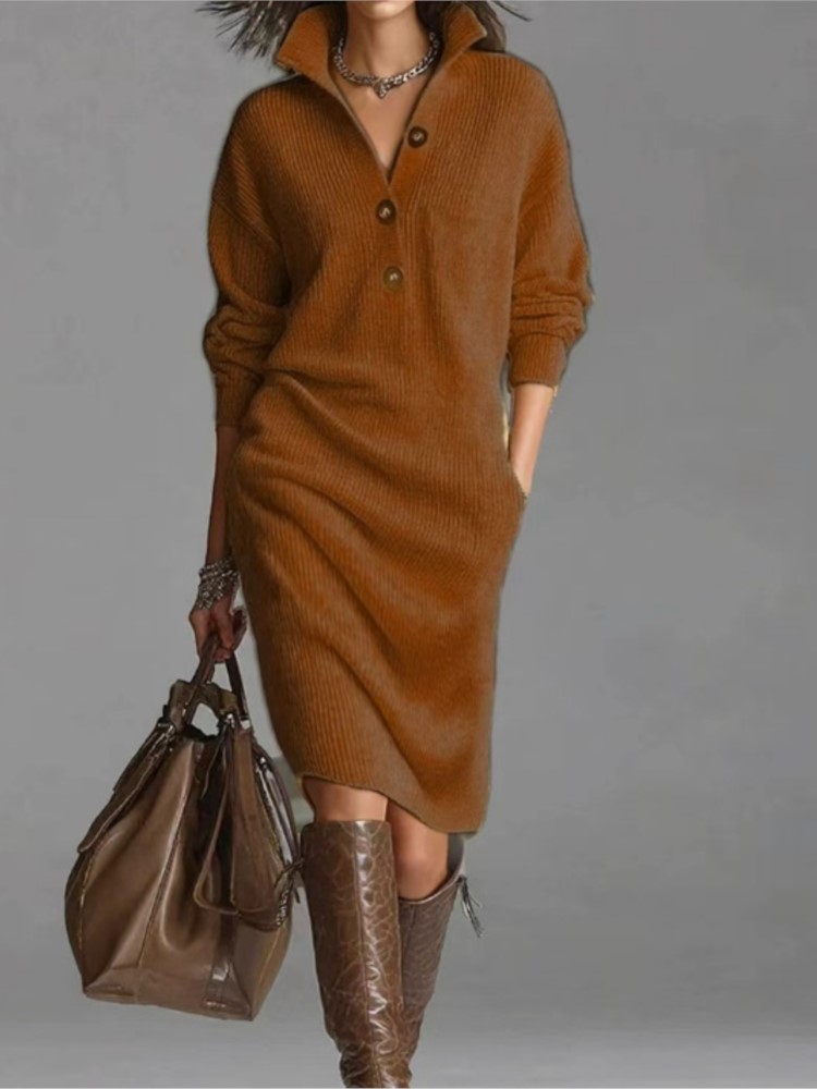 Robe pull tricotée pour femme, mode hiver, décontractée, à col boutonné, coupe ample, avec poches, style décontracté, longue, à manches longues, au-dessus du genou