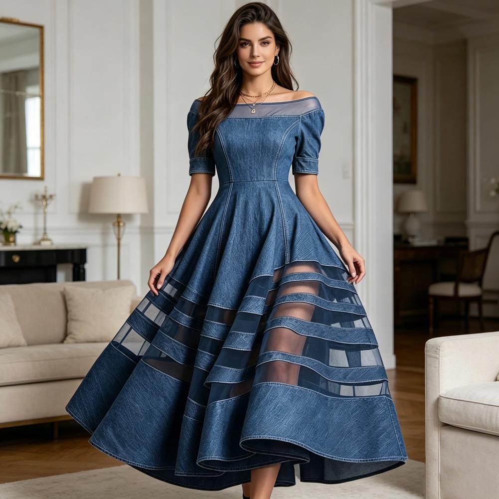 Robe en jean tendance pour femme, épaules dénudées, patchwork en maille, manches courtes, coupe trapèze évasée, longue, pour l'été, les voyages et les vacances
