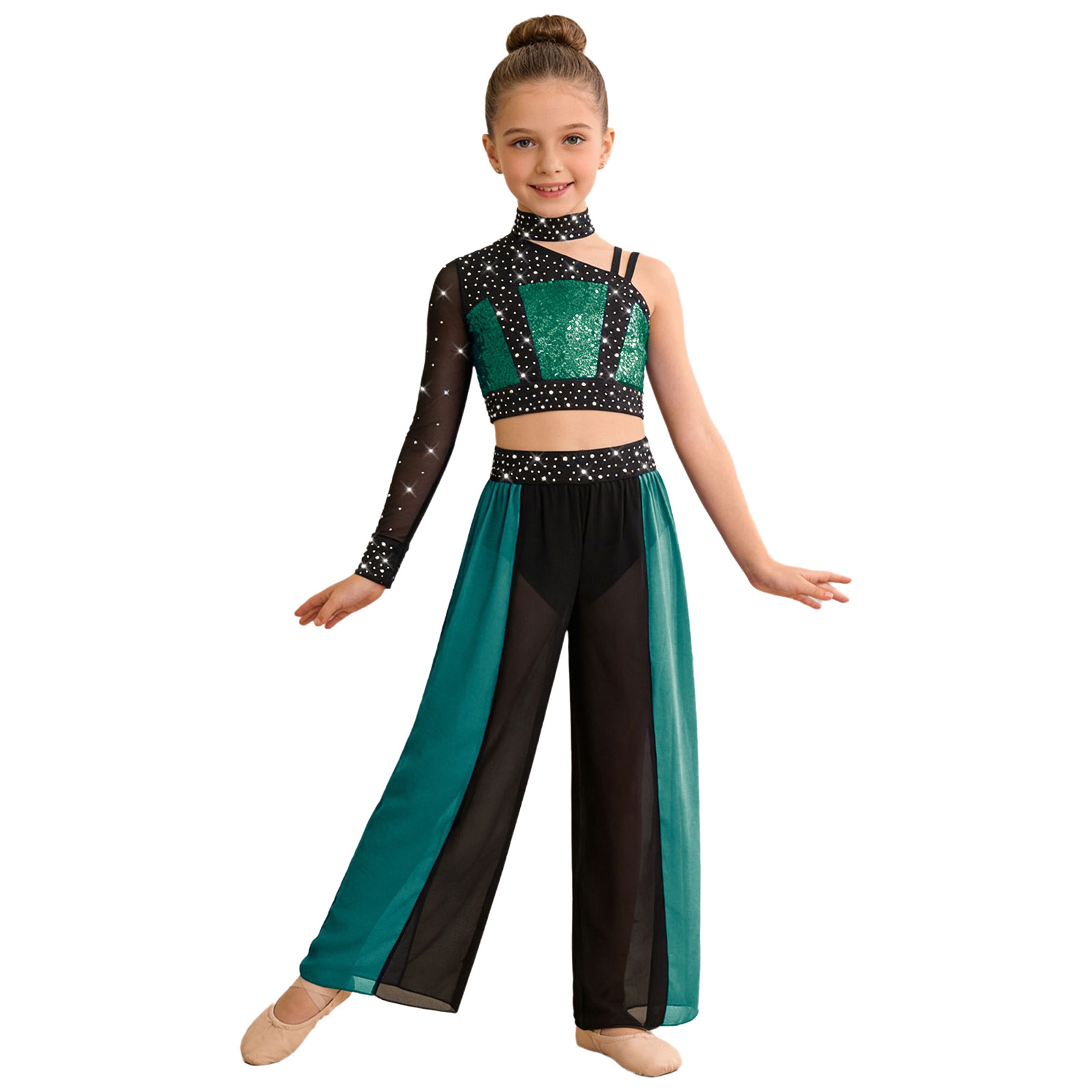 Tenue de danse lyrique moderne pour filles, haut court brillant avec pantalon en mousseline fendu, costume de patinage artistique, gymnastique et acrobaties