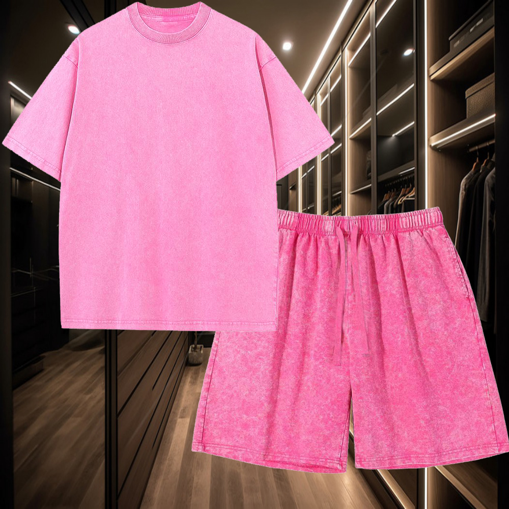 Ensemble de t-shirts 2 pièces en pur coton pour hommes, comprenant un haut de t-shirt délavé et un short ample avec cordons de serrage, parfait pour les occasions décontractées.