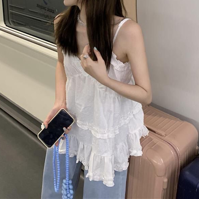 Femmes Style coréen Camisole sans manches blanc noir gilet volants dos nu col en v hauts vacances d'été plage mode vêtements
