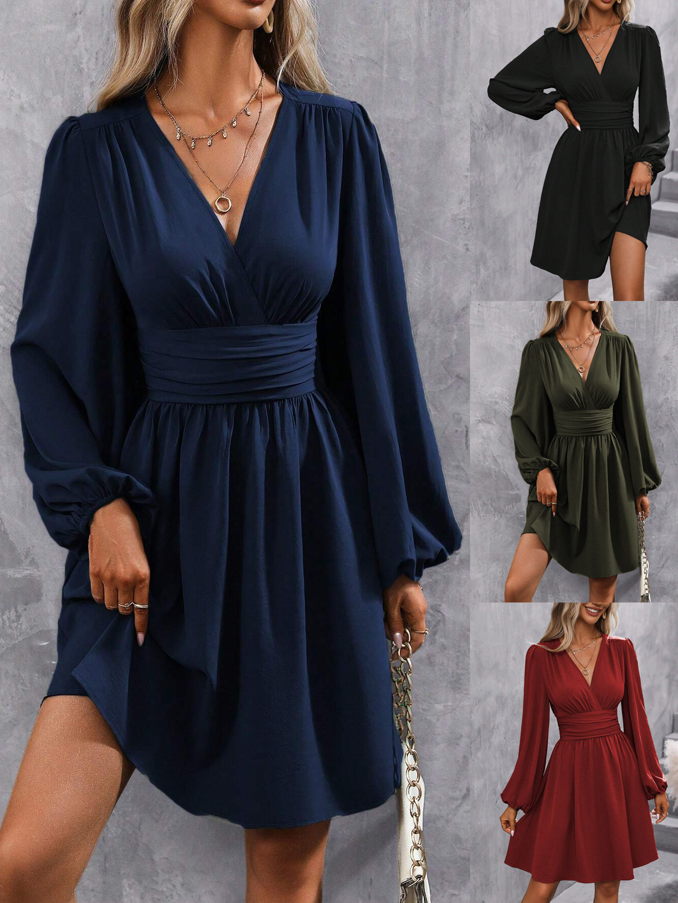Robes 2025 femme vêtements col en V lanterne manches Wrap Mini robe taille froncée ourlet fluide élégant pour les Styles d'automne et de fête ﻿