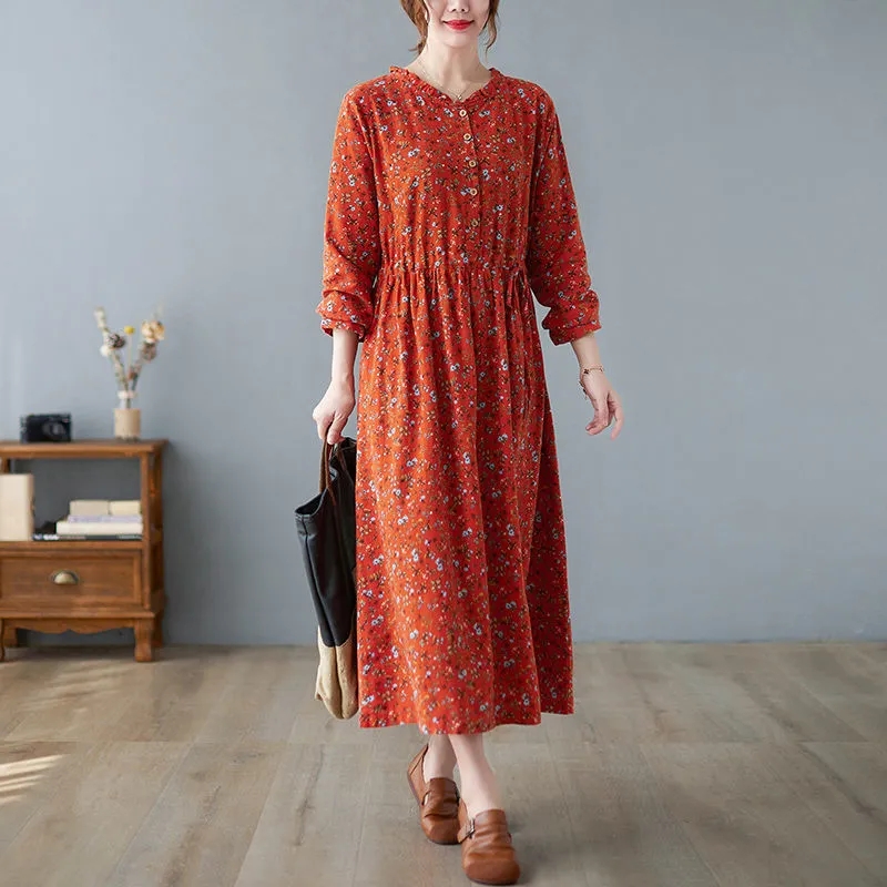 Robe en coton et lin pour femme, nouvelle collection printemps-automne 2026, taille ajustée, élégante, à fleurs, manches longues, vêtements pour femmes
