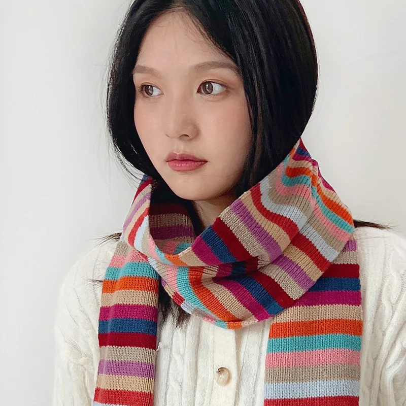 Écharpe chaude à rayures arc-en-ciel pour femmes, châle japonais doux pour femmes, tricots de mode, style coréen, automne et hiver