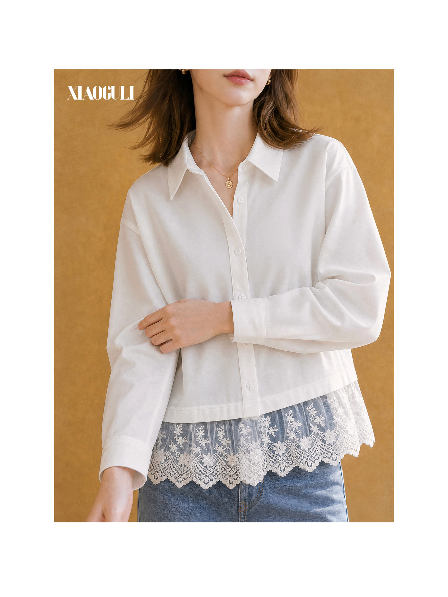 Chemisier en Chiffon Blanc XIAOGULI pour Femme, Manches Longues, Ourlet en Dentelle, Collection Automne 2026, Coupe Ample Décontractée, Grande Taille XL, Tenue Quotidienne et de Bureau