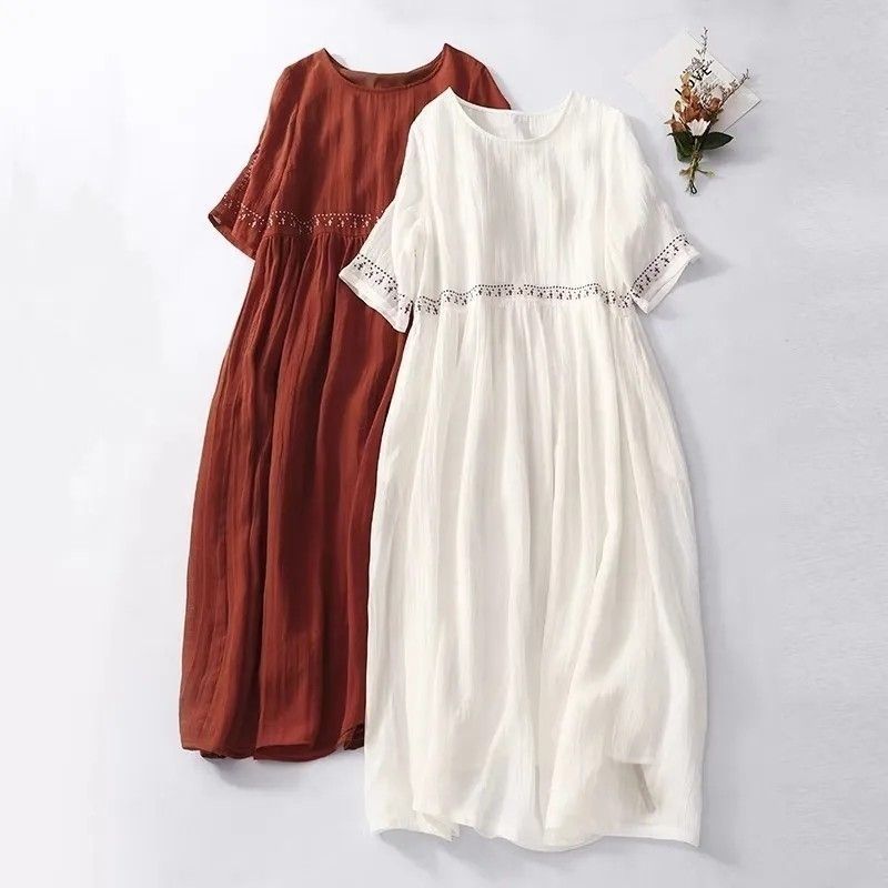Robe d'été grande taille haut de gamme, style artistique rétro, ample, en coton et lin, coupe évasée, manches courtes, longueur mi-longue