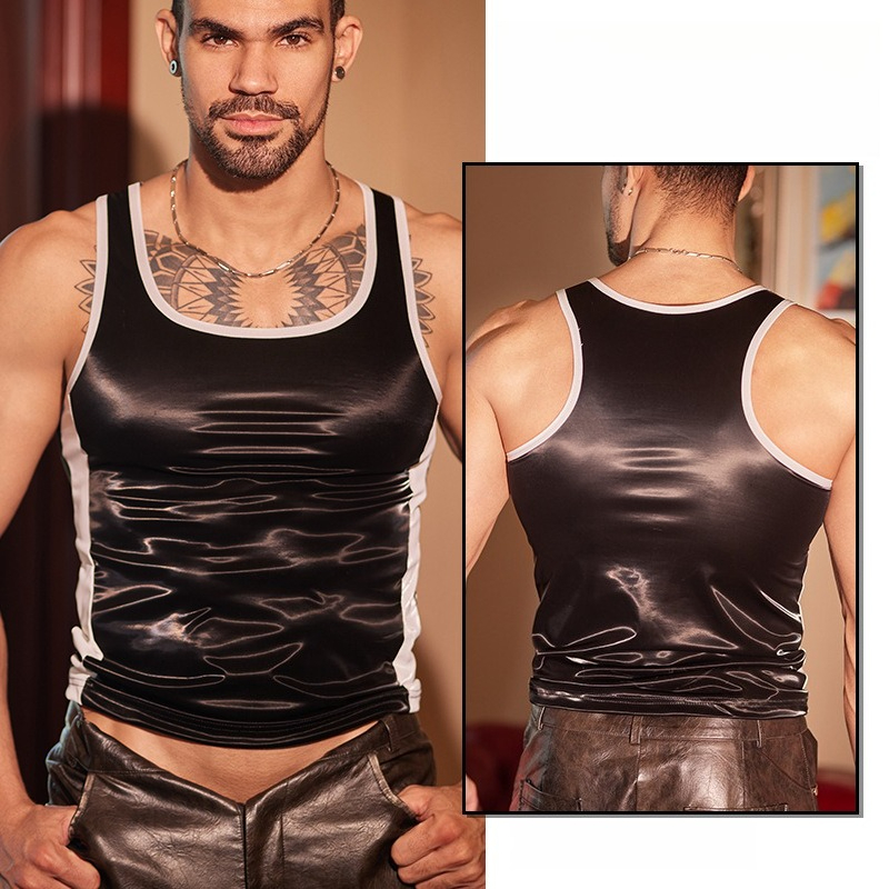 Gilet de sport pour hommes, collants Sexy brillants à l'huile, Fitness, haut en cuir musculaire, sous-vêtements Ultra élastiques, chemisier brillant à l'huile, maillot de corps
